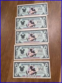1990 Disney Dollars 5 x $1 Mickey Mouse consecutive numbers in mint condition