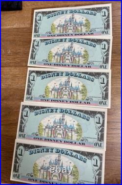 1990 Disney Dollars 5 x $1 Mickey Mouse consecutive numbers in mint condition
