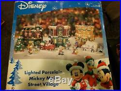 2004 Disney Lighted Porcelain Mickey Mouse Main Street Village Christmas Set