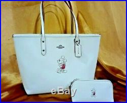 DISNEY X COACH F59357 Mickey Mouse Chalk Leather Tote Purse + cosmetic case NWT