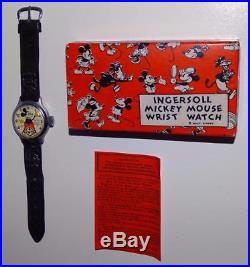 Disney1935 Ingersoll Mickey Mouse Wristwatch+leather Band-rare N. Mint Boxed Set