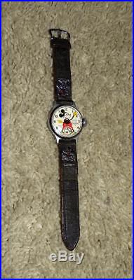 Disney1935 Ingersoll Mickey Mouse Wristwatch+leather Band-rare N. Mint Boxed Set