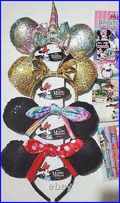 Disney 100 LOT Mickey Mouse Minnie Mouse Pens UNO Cards Headband Makeup Backpack