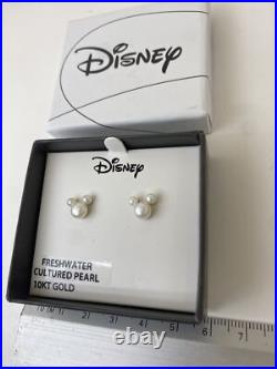 Disney Mickey Mouse 10kt Gold Stud Earrings Fresh Water Cultured Pearls NEW