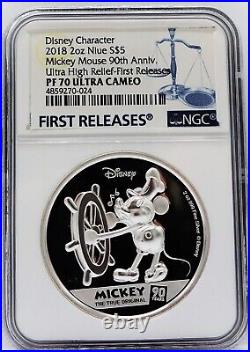 Disney Mickey Mouse 2 Oz Silver Proof Coin Steamboat Willie 90 Year NGC PF70 %%