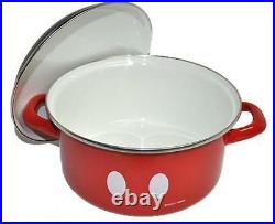 Disney Mickey Mouse Cast Iron Enamel Kitchen Red Black Both Hands Pan IH Gas New