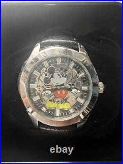 Disney Mickey Mouse Stainless Steel Mechanical Watch Leather Band Clear Face