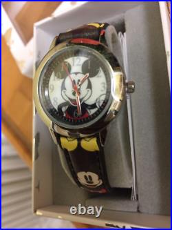Disney Mickey Mouse Watch With Silver Dial And Black Leather Strap Very Rare