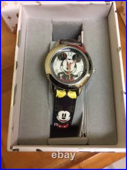 Disney Mickey Mouse Watch With Silver Dial And Black Leather Strap Very Rare
