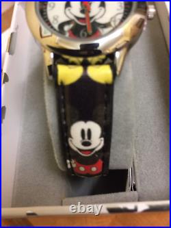 Disney Mickey Mouse Watch With Silver Dial And Black Leather Strap Very Rare
