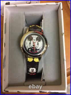 Disney Mickey Mouse Watch With Silver Dial And Black Leather Strap Very Rare