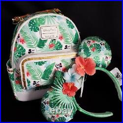 Disney Parks Mickey & Minnie Mouse Tropical Set Loungefly Mini Backpack & Ears