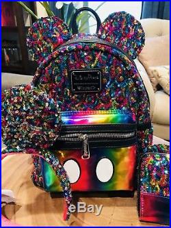 Disney Parks Mickey Mouse Rainbow Sequin Mini Backpack Wallet And Ears Loungefly