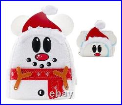 Loungefly Disney Mickey Mouse Sequin Snowman Mini Backpack & Wallet NWT
