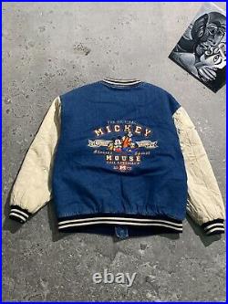 Mickey Mouse Varsity Bomber Jacket Denim Size L Walt Disney 90s