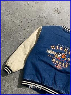 Mickey Mouse Varsity Bomber Jacket Denim Size L Walt Disney 90s