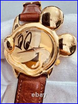 NOS Disney Mickey Mouse Gold Tone Watch Original Leather Strap Unworn