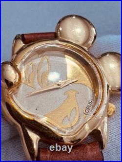 NOS Disney Mickey Mouse Gold Tone Watch Original Leather Strap Unworn