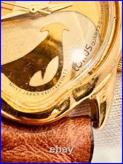 NOS Disney Mickey Mouse Gold Tone Watch Original Leather Strap Unworn