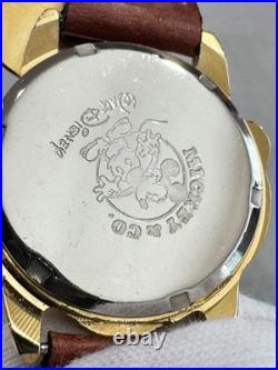 NOS Disney Mickey Mouse Gold Tone Watch Original Leather Strap Unworn