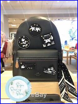 NWT Disney X Coach MICKEY MOUSE PATCHES Black Leather CHARLIE BACKPACK F59375