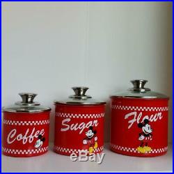 New Disney Store Mickey Mouse Metal Canister Retro Set Red Flour Sugar Coffee