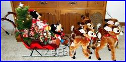 RARE Large Disney Mickey Mouse & Goofy Christmas Sleigh Sled w 4 Bambi Reindeer
