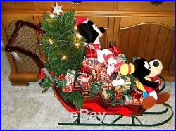 RARE Large Disney Mickey Mouse & Goofy Christmas Sleigh Sled w 4 Bambi Reindeer