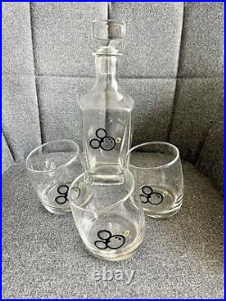 Rare? Disney Mickey Mouse Glass Olive Nose Decanter + 3 Abstract Slanted Tumblers
