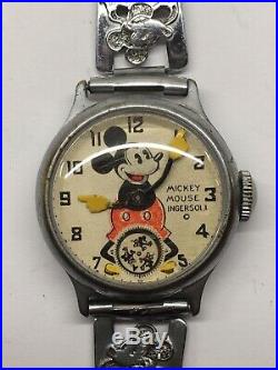 Vintage 1930s Ingersoll Mickey Mouse Wrist Watch Wind Up Mechanical Disney