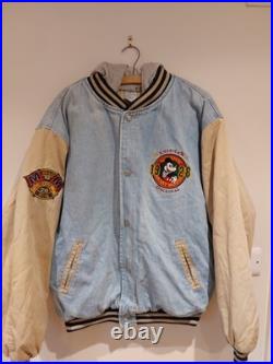 Vintage 90s Disney Mickey Mouse Denim Varsity Bomber Jacket XL With Hood 1928