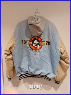 Vintage 90s Disney Mickey Mouse Denim Varsity Bomber Jacket XL With Hood 1928