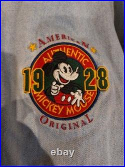 Vintage 90s Disney Mickey Mouse Denim Varsity Bomber Jacket XL With Hood 1928