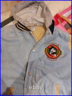Vintage 90s Disney Mickey Mouse Denim Varsity Bomber Jacket XL With Hood 1928
