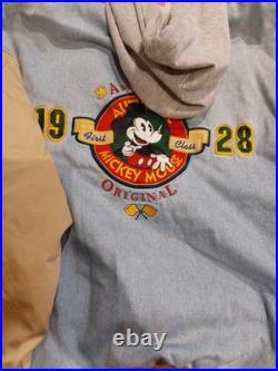 Vintage 90s Disney Mickey Mouse Denim Varsity Bomber Jacket XL With Hood 1928