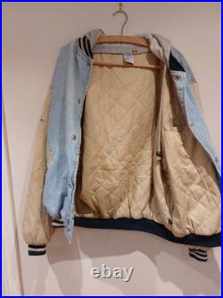Vintage 90s Disney Mickey Mouse Denim Varsity Bomber Jacket XL With Hood 1928