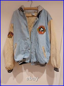 Vintage 90s Disney Mickey Mouse Denim Varsity Bomber Jacket XL With Hood 1928