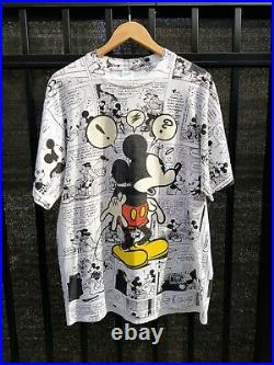 Vintage AOP Mickey Mouse Shirt 90s Disney Velva Sheen Comic Size XL All Over