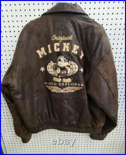 Vintage DISNEY MICKEY MOUSE EXPLORER BOMBER JACKET Brown Leather MEN'S Large