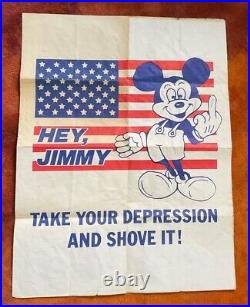 Vintage Disney Mickey Mouse Middle Finger Poster Jimmy Carter USA 1970's RARE