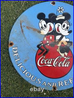 Vintage Disney Mickey and Minnie Mouse Coca Cola Enamel Sign
