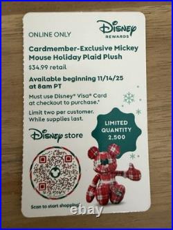 °o° Disney Cardmember Exclusive 2025 Mickey Mouse Holiday Plaid Plush NEW °o°